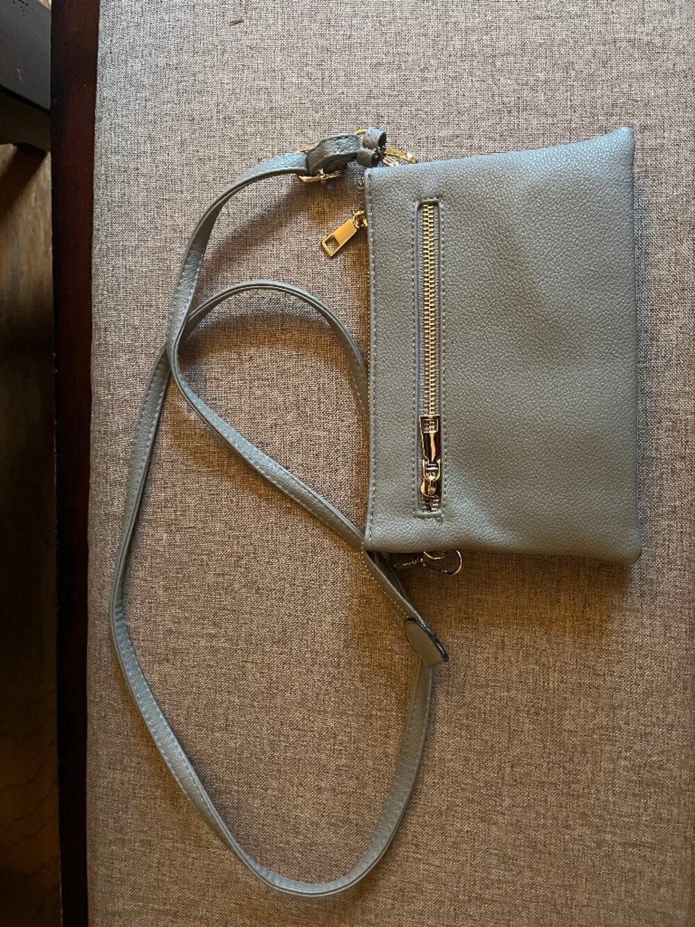 Gray Faux Leather Crossbody Clutch Bag Braided Whipstitch Gold Hardware Zip